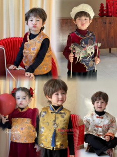 Cherry2025新男童新中式国风盘扣加绒古风马甲背心休闲裤套装7030