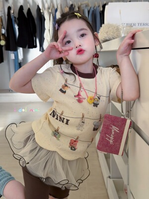 I.D新款女童短袖T恤印花短袖上衣+网纱蛋糕打底裤6273/6600套装