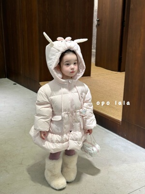 Opolala女童羽绒服25秋冬新款儿童可爱小兔耳朵连帽外套棉服7137