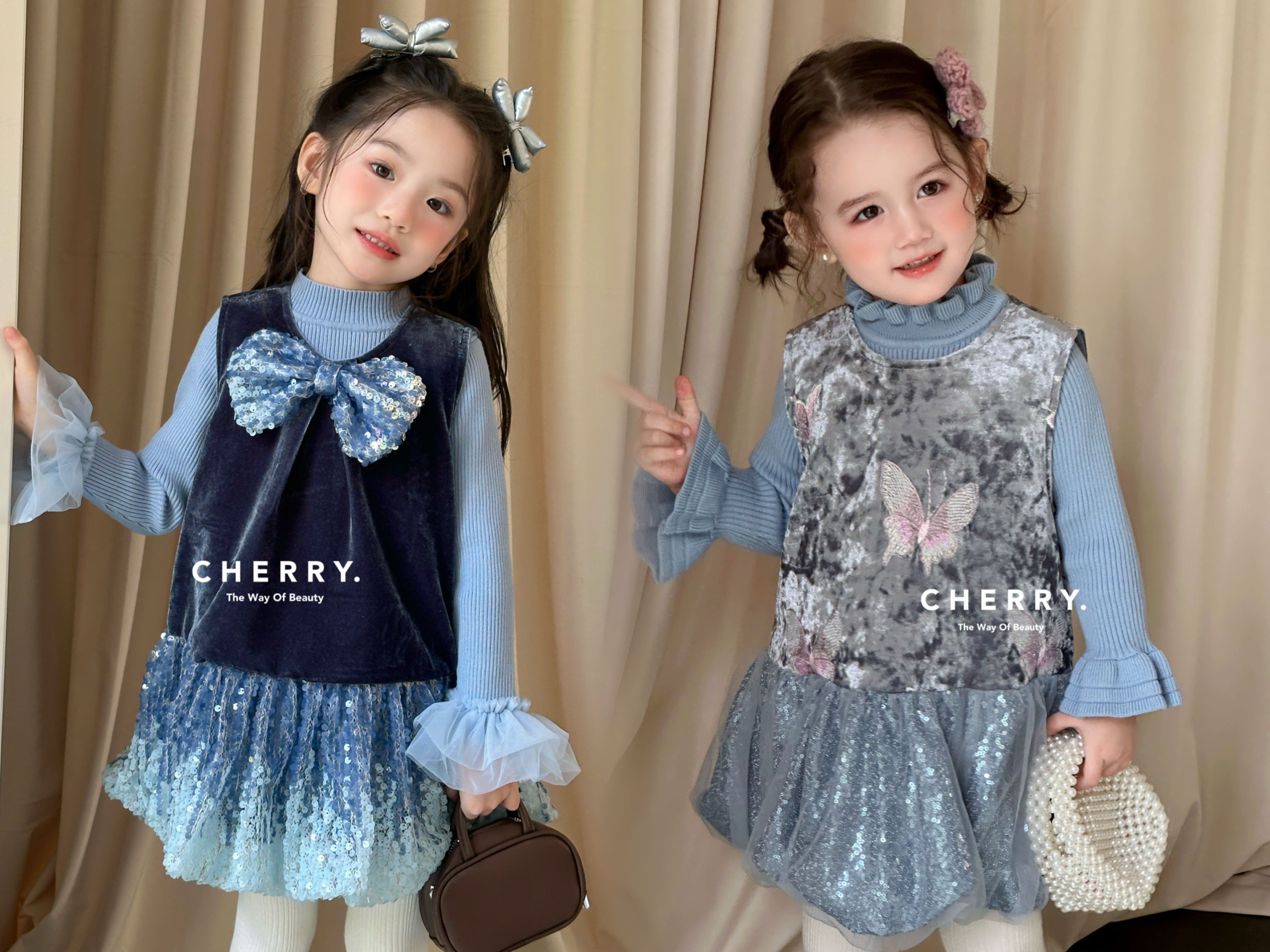 Cherry25新款女童丝绒亮片背心裙洋气公主裙韩版蛋糕裙套装6660