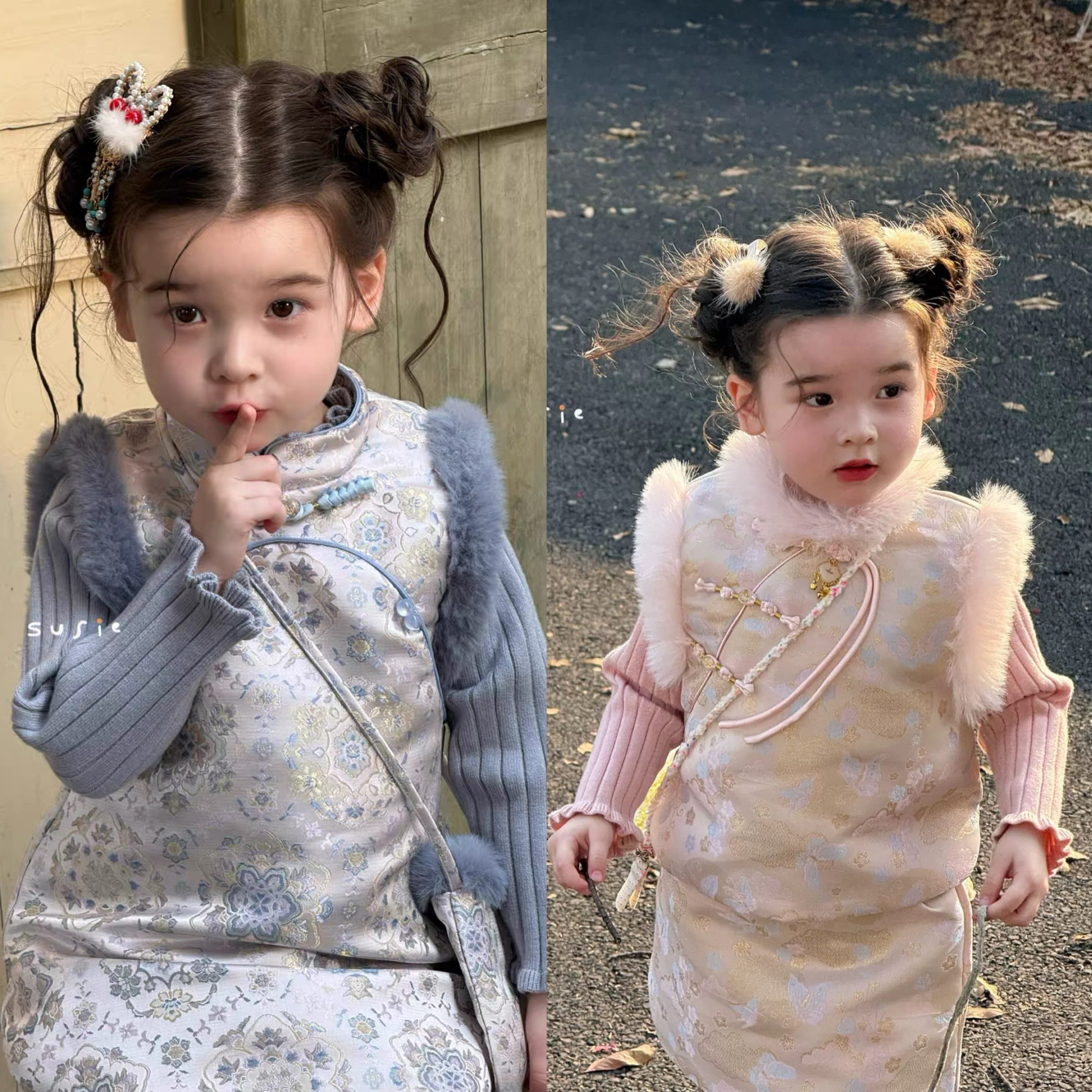 现货susie25新女童新中式国风夹棉马甲背心裙拜年服套装合集7262