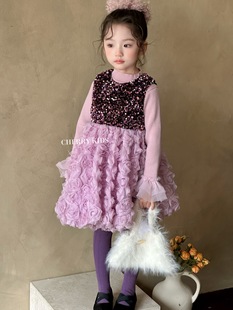 Cherry女童正品粉色背心裙2025秋冬童装女童亮片玫瑰花瓣公主裙子