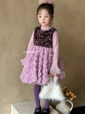 Cherry女童粉色背心裙2025秋冬童装女童亮片玫瑰花瓣公主裙子6832