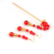 Good retro beauty hairpin set bridal wedding accessories Acacia red bean red hairpin jewelry earrings 1013