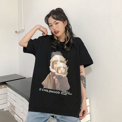 Real shot new loose short sleeve fashion half sleeve couple front and back printing loose large size top