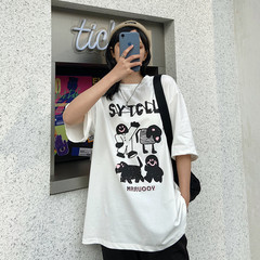 實拍趣味印花中長款短袖恤寬鬆上衣女學生