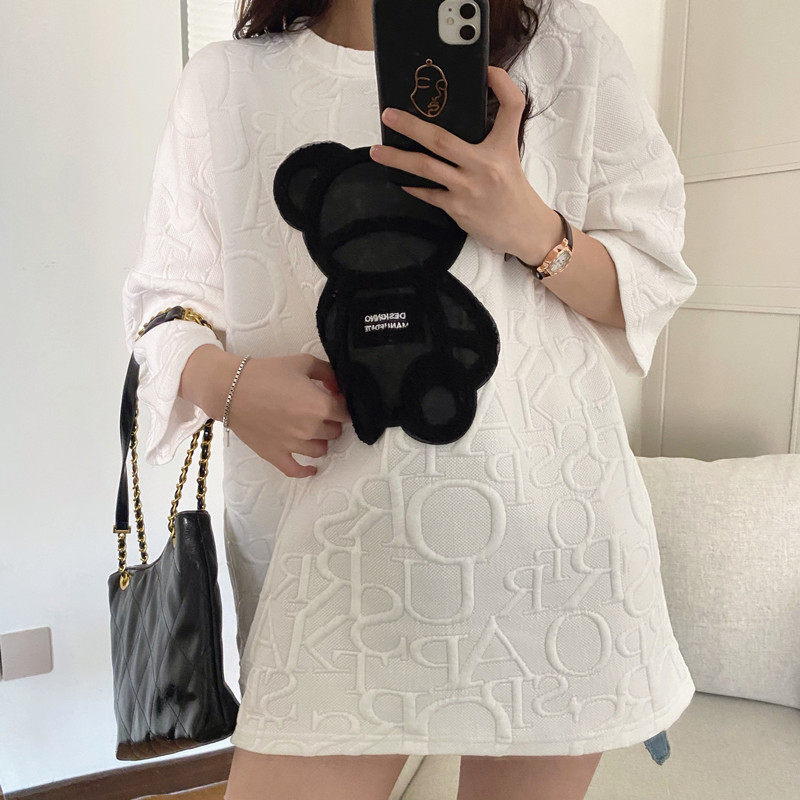 Real shot thick embossed embroidered bear's medium long loose short sleeve bottomed top short sleeve T-shirt