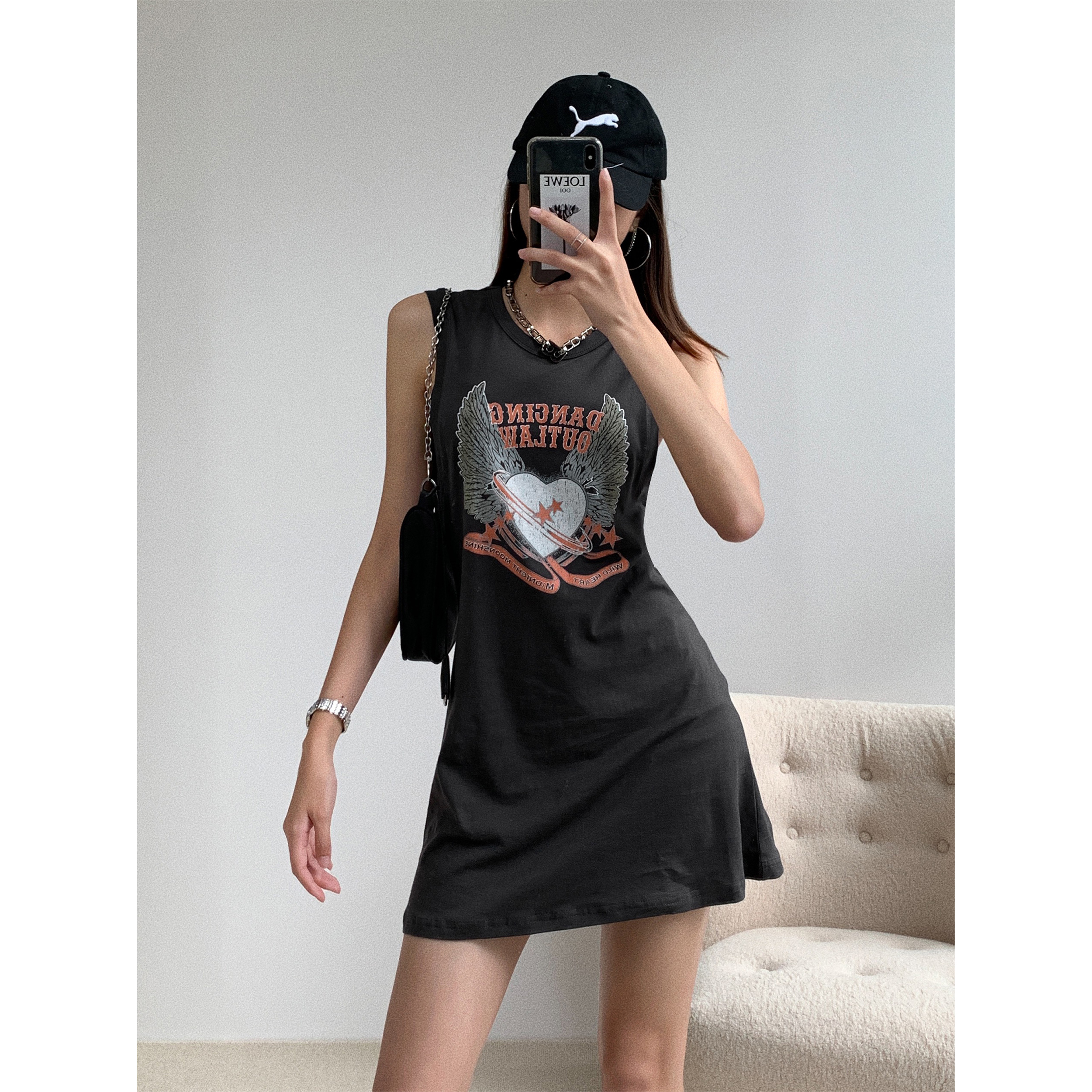 Official picture European and American mid long retro love wings printed sleeveless vest loose top lower body T-shirt