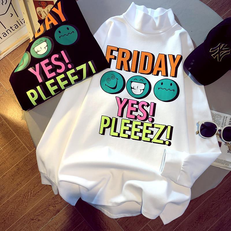 Spring new half height collar T-shirt women's cartoon print loose casual large size top fashion bottom coat