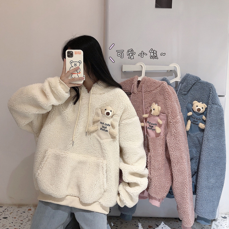 Real shot cashmere thickened medium length salt jacket bear imitation lamb hair hooded long sleeve sweater woman