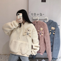 Real shot cashmere thickened medium length salt jacket bear imitation lamb hair hooded long sleeve sweater woman