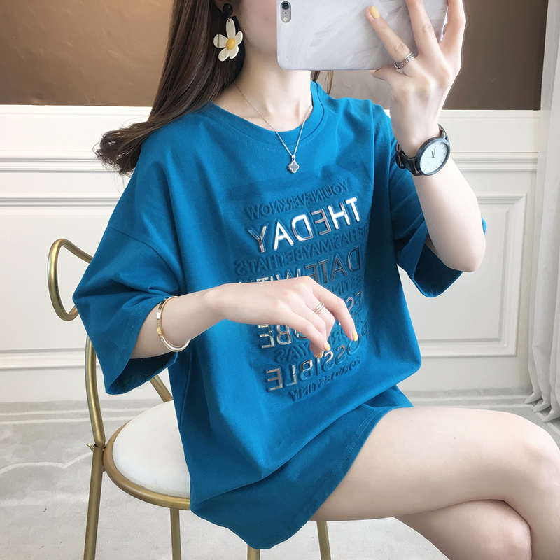 實拍短袖恤女夏新款韓版中長學生上衣大碼女裝