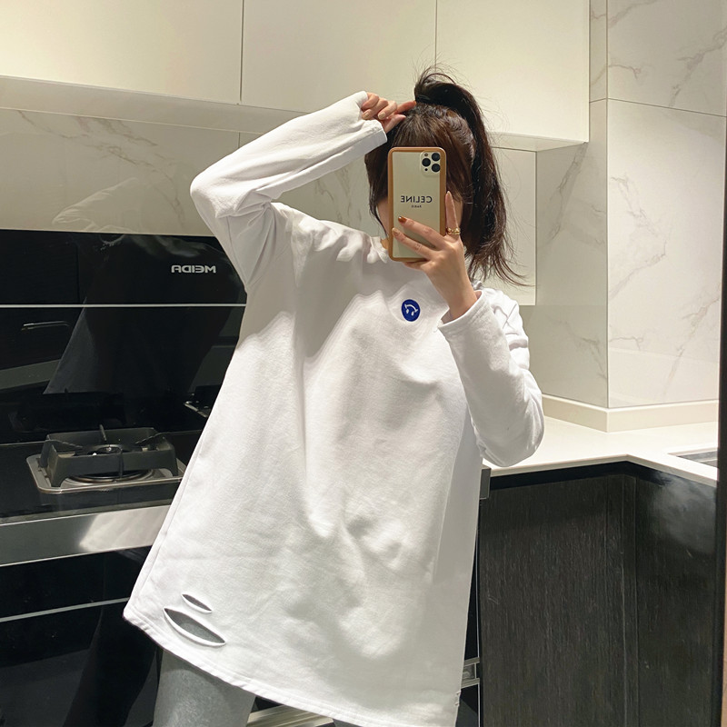 Real shot double side Derong hole white medium length with undercoat and plush long sleeve T-shirt