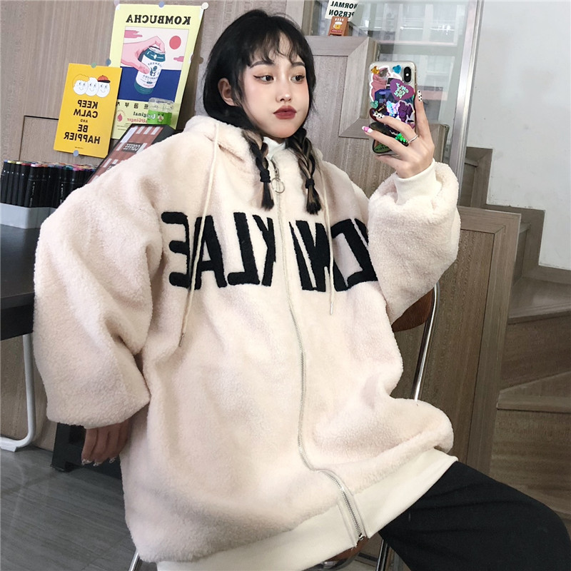 Real shot hooded cardigan lamb sweater coat women's thickened cashmere Korean loose medium length