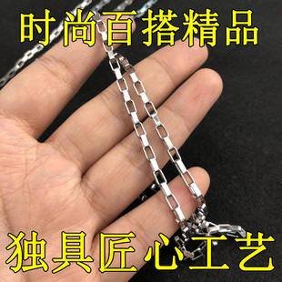 简约不锈钢方格拼接字链粗款古巴嘻哈项链个性男女同款白金色精工