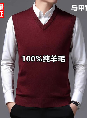 稻草人冬季羊毛背心马甲男士中年100纯羊毛V领无袖毛衣薄款针织衫