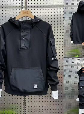 春秋新款韩版宽松潮牌卫衣男士套头连帽工装拉链休闲拼接口袋上衣