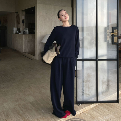 PURITYYH法式欧货休闲套装女装时尚百搭上衣高腰阔腿裤羊毛两件套