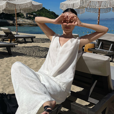 PURITYYH极简高级松弛纯色亚麻V领编制花边流苏工艺宽松显瘦背心