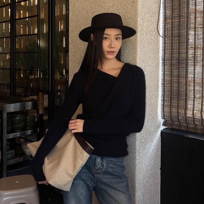 藏蓝不规则荡领打底针织衫上衣羊毛修身毛衣打底衫女秋冬内搭外穿