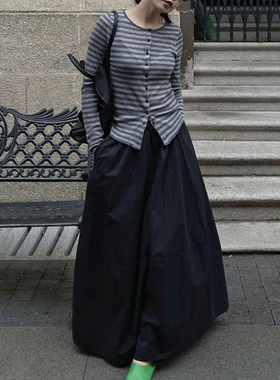 PURITY黑色花苞半身裙2025女新款松紧腰显瘦韩系气质大摆中长半裙