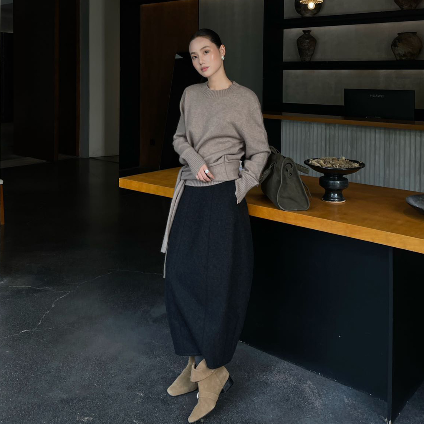 PURITYYH法式温柔简约百搭羊毛半身裙秋冬高腰显瘦中长裙花苞裙子