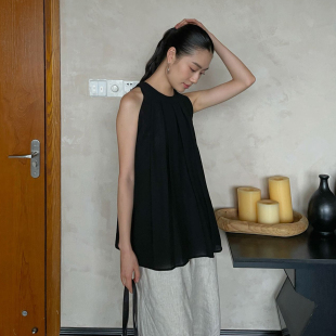 PURITYTH极简亚麻黑色无袖挂脖上衣女夏季韩系露肩娃娃衫吊带背心
