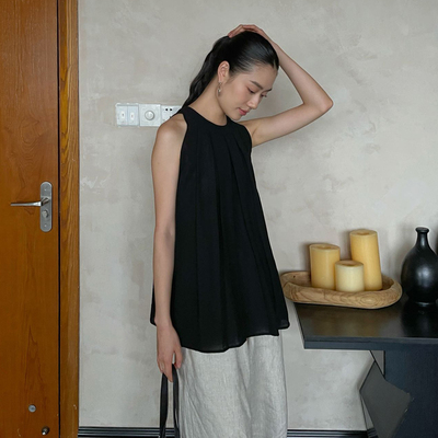 PURITYTH极简亚麻黑色无袖挂脖上衣女夏季韩系露肩娃娃衫吊带背心