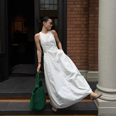 PURITY YR小众简约立裁收腰拼接显瘦遮胯小白裙气质连衣裙女夏