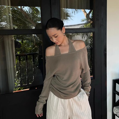 PURITYYH小众韩系针织挂脖洋气春夏新女简约气质长袖小衫百搭上衣