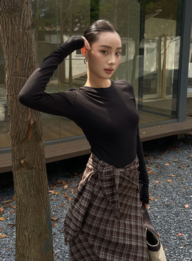 PUIRTY YH极简修身显瘦正肩长袖T恤女秋季小众内搭打底衫时尚上衣