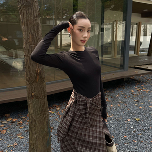 PUIRTY YH极简修身显瘦正肩长袖T恤女秋季小众内搭打底衫时尚上衣
