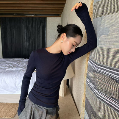 PUIRTY YH辣妹修身显瘦正肩长袖T恤女早秋小众内搭打底衫时尚上衣