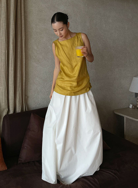 PURITY YH小众简约白色设计感前松紧腰大摆裙气质宽松显瘦半身裙