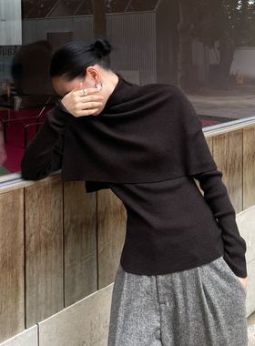 PURITYYH极简斗篷毛衣秋冬修身针织衫围脖披肩两件套装打底衫上衣