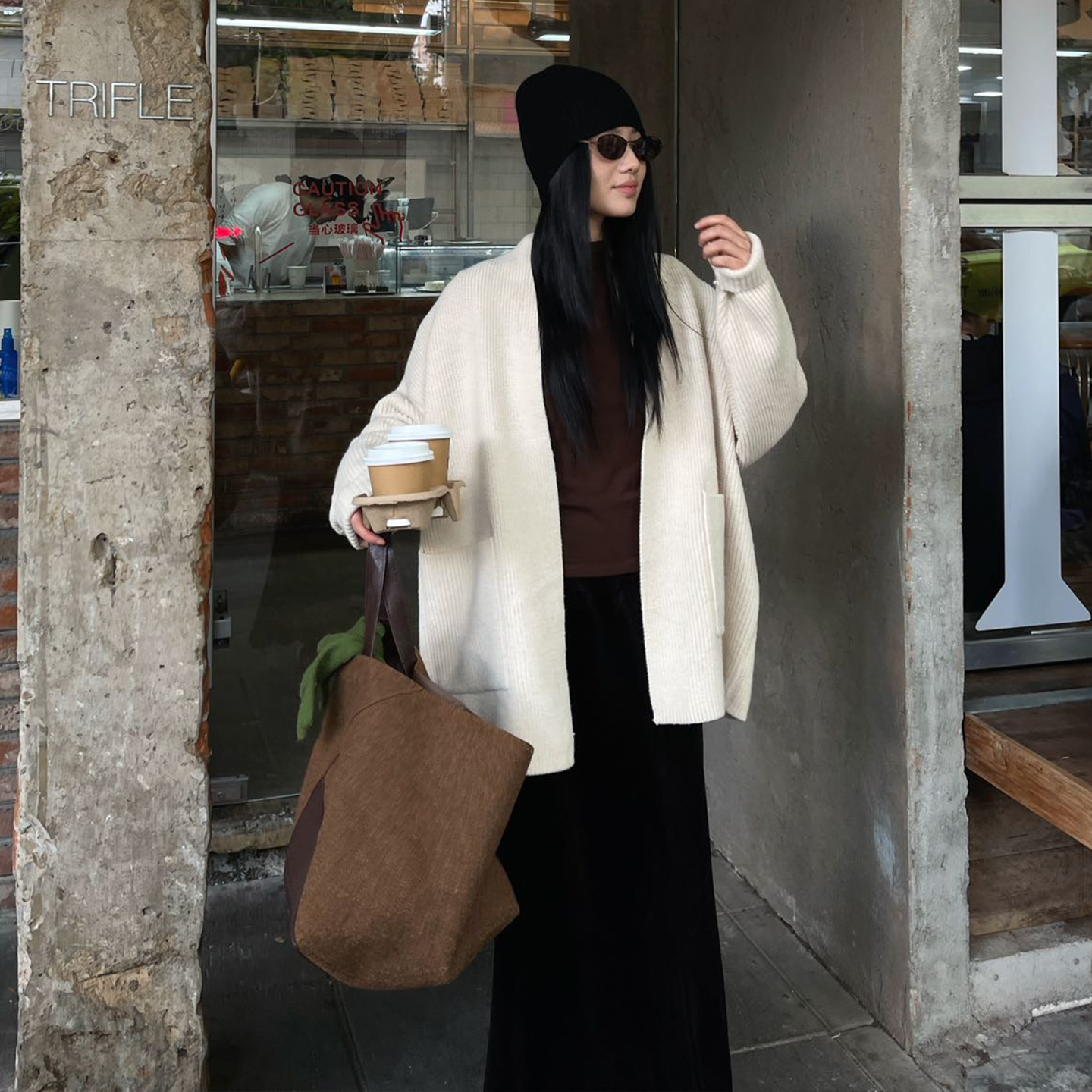 PURITY YH小众简约冬季中长款针织外套女宽松针织上衣V领毛衣毛衫