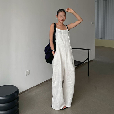 极简休闲背带裤白色吊带减龄连体裤直筒2025夏女季长裤宽松亚麻裤