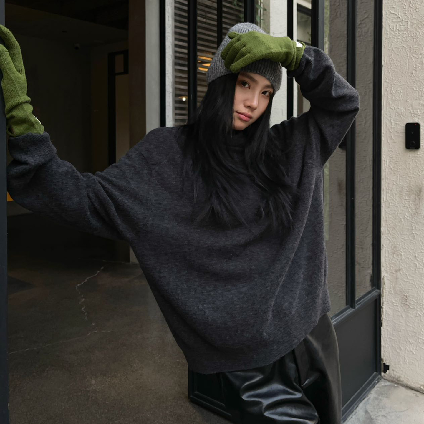 PURITY YH宋正恩极简灰色针织衫女韩系穿搭长袖宽松休闲毛衣上衣