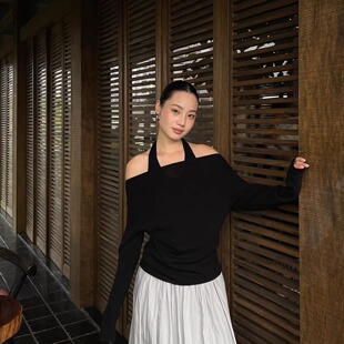 PURITYYH小众韩系针织挂脖洋气春夏新女简约气质长袖小衫百搭上衣