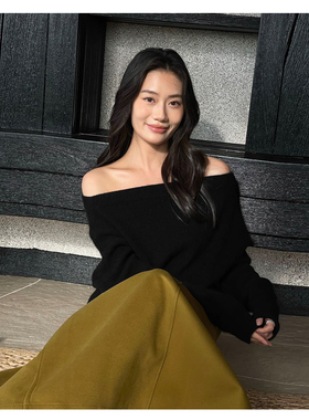 PURITY小众极简黑色一字领露肩羊毛毛衣女冬季显瘦宽松针织衫上衣