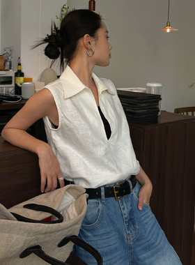 PURITY YH小众简约白色设计感深Vpolo领上衣时尚高级感无袖背心女
