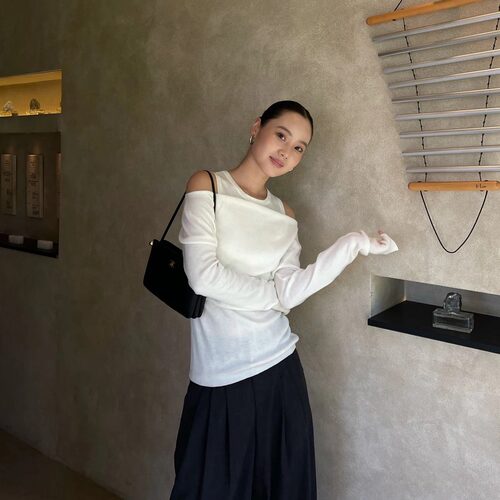 PURITY YR小众简约设计款羊毛针织荡领假两件修身显瘦漏肩长袖女