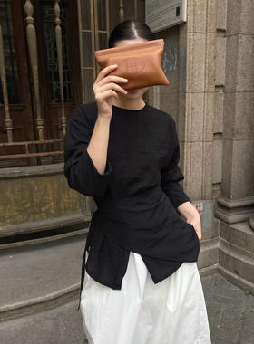 PURITYYH法式简约原创设计绑带黑色早秋圆领高级显瘦气质长袖上衣