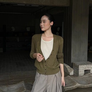 PURITY YR天丝亚麻假两件V领针织毛衣复古橄榄绿松弛感早秋上衣女
