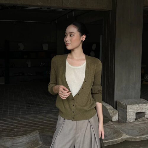 PURITY YR天丝亚麻假两件V领针织毛衣复古橄榄绿松弛感早秋上衣女