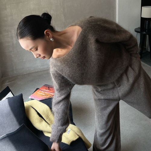 PURITYYH极简秋冬羊毛衫一字领毛衣露肩针织衫斜肩一字肩宽松上衣