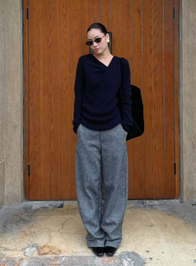 PURITYYH极简百搭灰色高个子阔腿裤女通勤羊毛毛呢裤垂感弯刀裤子