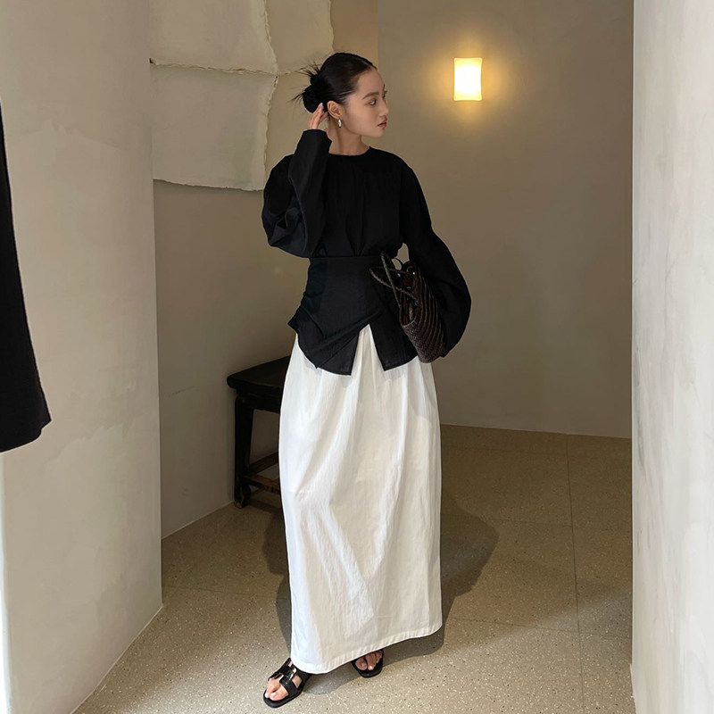 PURITY YH小众简约白色后开叉高腰半身裙气质显瘦宽松百搭花苞裙