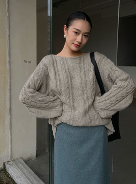 PURITYYH慵懒随性圆领绞花宽松时尚百搭毛衣女高级秋冬针织衫上衣