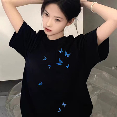 夏季纯棉短袖t恤女2025新款爆款正肩设计感小众美式宽松半袖上衣